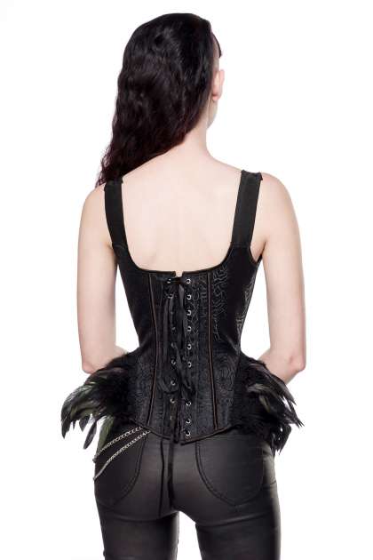 Ausgestelle Gothic-Corsage aus Brokat und Federn