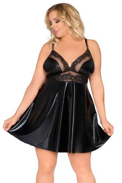 Schwarze Wetlook-Chemise mit Spitze