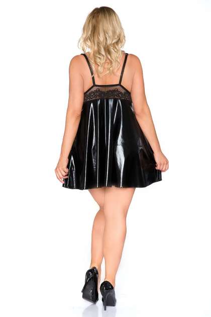 Schwarze Wetlook-Chemise mit Spitze