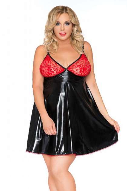 Wetlook-Chemise mit roter Spitze schwarz-rot 2-5244