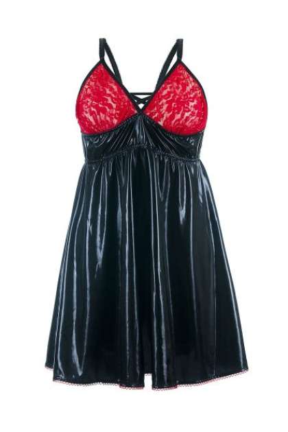 Wetlook-Chemise mit roter Spitze