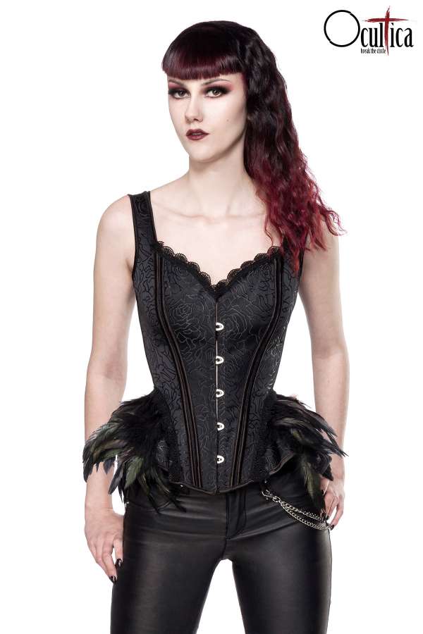 Ausgestelle Gothic-Corsage aus Brokat und Federn schwarz S-90003-002