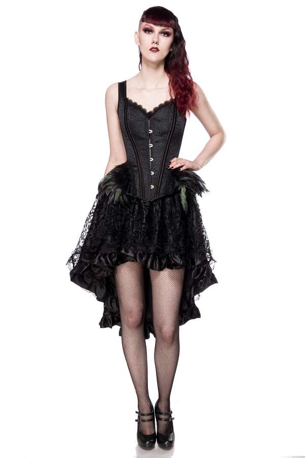 Ausgestelle Gothic-Corsage aus Brokat und Federn