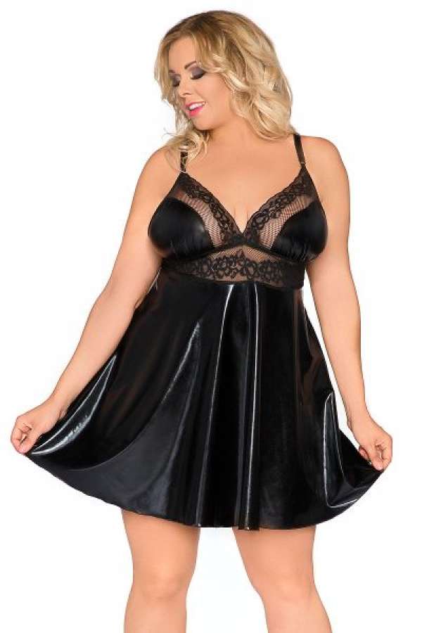 Schwarze Wetlook-Chemise mit Spitze schwarz 2-5366 Schwarze Wetlook-Chemise mit Spitze schwarz 2-5366
