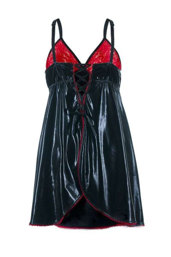 Wetlook-Chemise mit roter Spitze